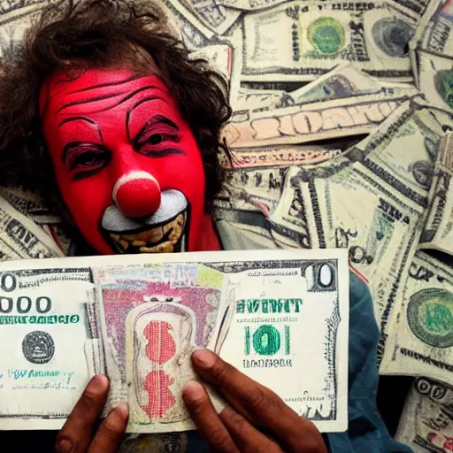 Image similar to A poor clown holding a giant dollar banknote, background is a slum, cinematic, epic, highly-detailed