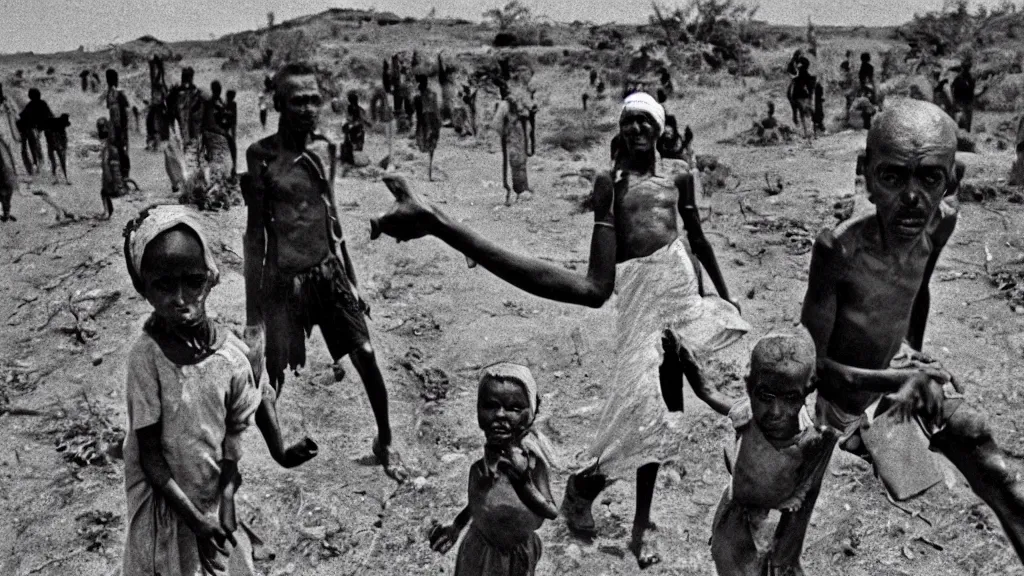 Image similar to 1 9 8 4 ethiopian famine and drought, dark, moody, feature article by new york times, 8 k