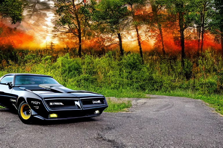 Image similar to pontiac firebird trans - am with black paint, sunrise, eerie light, fireflies, dog watching the car, dramatic, cinematic, forest, horror, sunbeams, volumetric lighting, wide shot, low angle, lightning storm hitting the car, ground cracking open to reveal a portal to hell