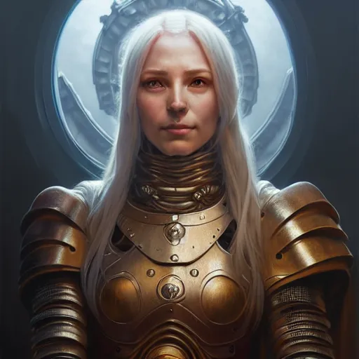 Image similar to portrait painting of a d & d female warforged cleric, ultra realistic, concept art, intricate details, eerie, highly detailed, photorealistic, octane render, 8 k, unreal engine. art by artgerm and greg rutkowski and charlie bowater and magali villeneuve and alphonse mucha