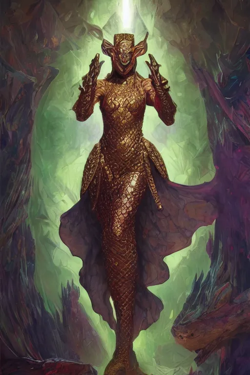 Prompt: masterpiece digital painting of a kim queen reptilian, figure, gold obsidian armor, chaotic ruby inlays, large cape, background, by kev walker and greg rutkowski and mucha, green sparkles, artstation, deviantart, cinematic lights