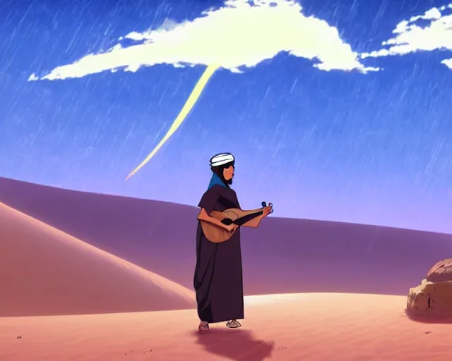 Image similar to an arab playing oud in the desert with a storm, makoto shinkai, loish, studio ghibli