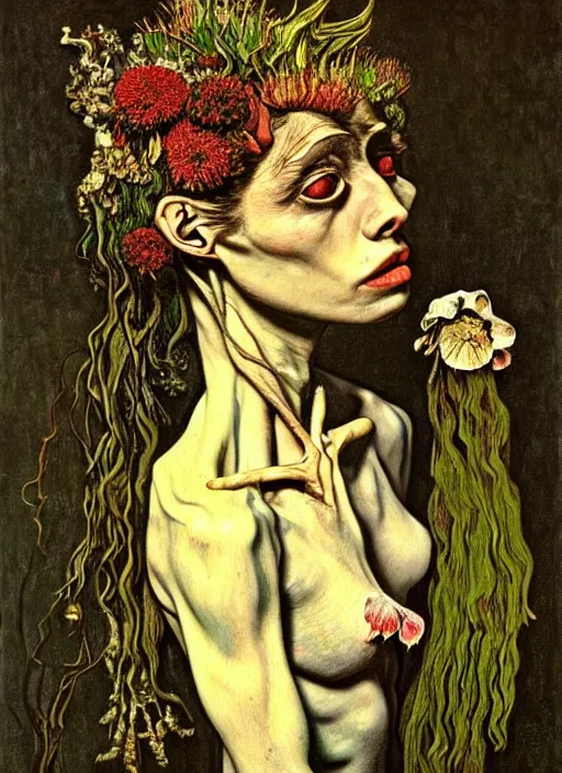 Image similar to beautiful and detailed rotten woman made of plants and many different types of flowers, muscles, intricate, organs, ornate, surreal, miguel angel, gustave courbet, caravaggio, romero ressendi, van gogh