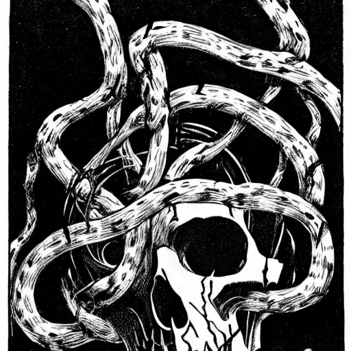 Image similar to A skull, with vines coming out of the eye sockets. Dark Fantasy, Film Noir, Black and White. High Contrast, Mike Mignola, D&D, OSR