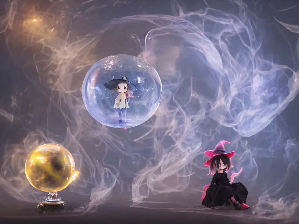 Prompt: cute fumo plush girl witch gazes into a giant crystal ball swirling with smoke and volumetric fog, pagan goddess soothsayer, ritual magic, distorted glass, anime, vray