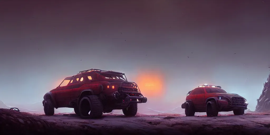 Image similar to a beautiful concept offroad suv, an epic fantasy, dramatic lighting, cinematic, establishing shot, extremely high detail, photorealistic, cinematic lighting, artstation, by simon stalenhag, horizon forbidden west