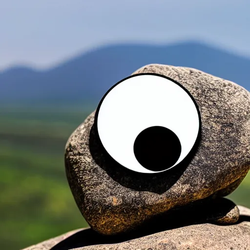 Image similar to Photograph of two rocks with googly eyes at edge of a mountain in a savana