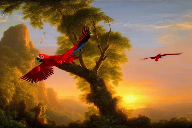 Prompt: gorgeous scarlet macaws flying at sunset in the distance through the forest, jungle mountains in the background, highly detailed, heavenly lighting, trending on art station, very detailed birds, painting by thomas cole