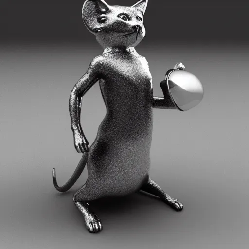 Prompt: 3d quicksilver metal cat standing with mouse in mouth, octane render, cinematic lighting, dynamic, high detail, mirror texture, artstation, silver highlights