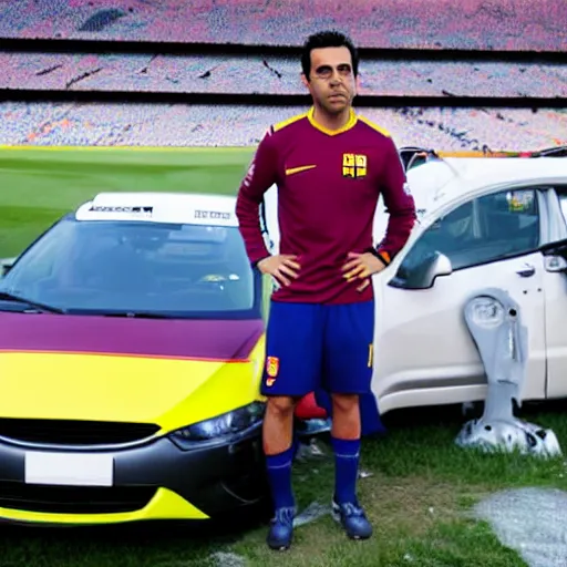 Image similar to xavi hernandez next to a crashed car, in camp nou