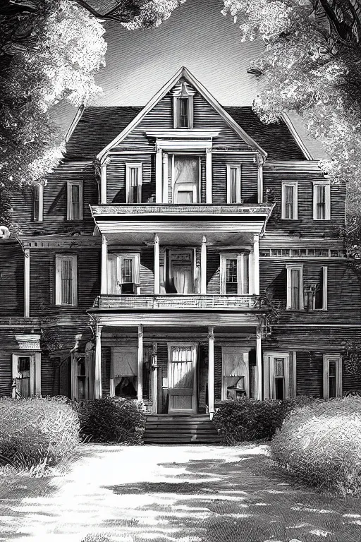 Image similar to line art of the amityville horror house, highly detailed, photorealistic, artstation, smooth, sharp focus, illustration, unreal engine 5, 8 k, art by art by artgerm and greg rutkowski and edgar maxence