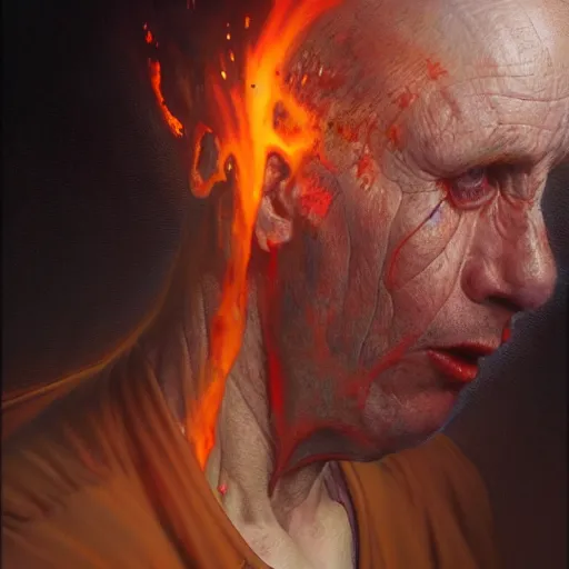 Image similar to a hyper - realistic character concept art portrait of a man on fire, depth of field background, artstation, award - winning realistic sci - fi concept art by jim burns and greg rutkowski, beksinski, a realism masterpiece, flesh - tone color palette, james gilleard, bruegel, alphonse mucha, and yoshitaka amano.