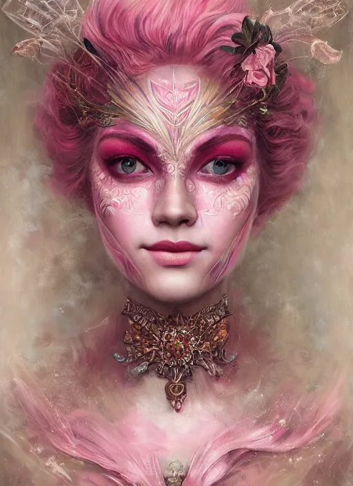 Prompt: portrait of pink fairy, symmetric, facepaint facepaint facepaint, intricate jewelry, trending on artstation 4 k, high quality, in the style of karol bak and tom bagshaw
