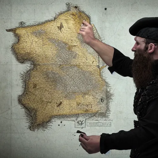Image similar to Closeup of frustrated male medieval sergeant with a {short} beard wearing a {black!!!! and yellow tabard} over a steel breastplate and a black gambeson looking up from a map on a table, intricate, dramatic lighting illustration by Greg Rutkowski, ArtStation, digital art, fantasy