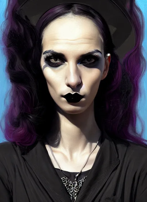 Image similar to portrait of an israeli woman with a crooked nose and a confident expression, 1 9 6 0 s, black clothes, goth, punk, brightly coloured hair, funk, intricate, elegant, highly detailed, digital painting, artstation, concept art, smooth, sharp focus, illustration, art by wlop, mars ravelo and greg rutkowski