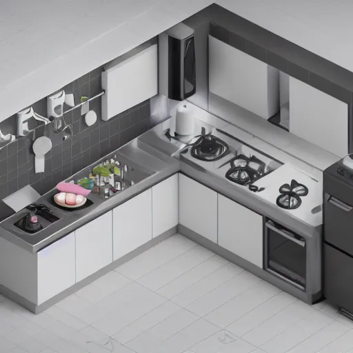 Image similar to isometric minimalistic chubby kitchen, c 4 d style, 1 0 0 mm, depth of field, octane render, studio lighting