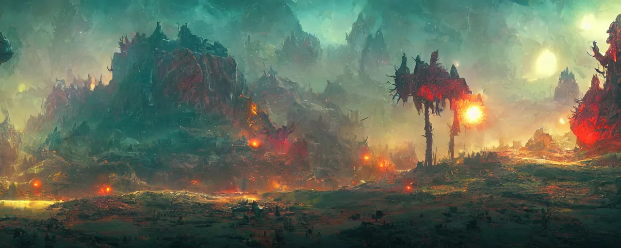 Image similar to ” otherwordly hostile landscape, [ cinematic, detailed, epic, widescreen, opening, establishing, mattepainting, photorealistic, realistic materials, octane render, art by paul lehr ] ”