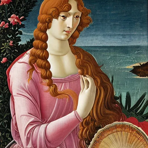 Image similar to an ultradetailed mythological oil painting of a beautiful goddess with long brown hair, full body, wearing pink floral chiton, sleeping on a giant scallop shell, near the seashore, intricate lines, elegant, renaissance style, by sandro botticelli