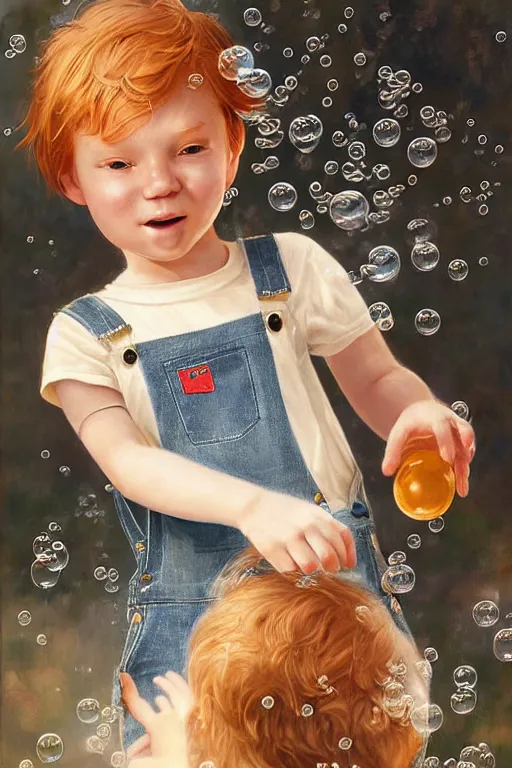 Prompt: a little boy with very short ginger hair wearing denim overalls chasing bubbles. clean elegant painting, beautiful detailed face, lots of bubbles. by artgerm and greg rutkowski