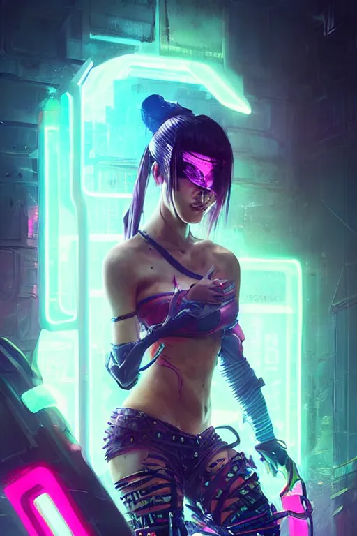 Image similar to akali from league of legends, cyberpunk futuristic neon. wearing ninja face mask decorated with traditional japanese ornaments by ismail inceoglu dragan bibin hans thoma greg rutkowski alexandros pyromallis nekro rene maritte illustrated, perfect face, fine details, realistic shaded, fine - face, pretty face, masterpiece