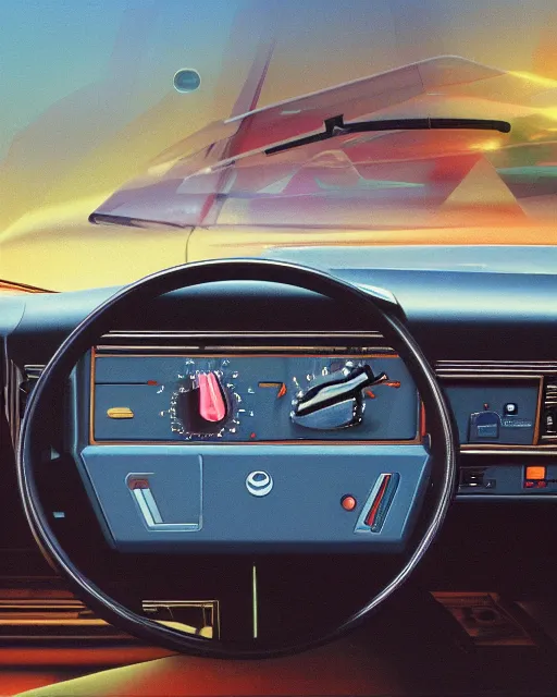 Prompt: a 8 0 s era car dash, vintage shapes, retro technology, vintage color, 1 9 8 0 s tech, classic color scheme wayne barlow, oil on canvas, deep depth of field, masterpiece, cinematic composition, hyperdetailed