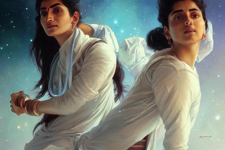 Image similar to Sensual good looking pale young Indian doctors wearing jeans partying in a space station above Earth performing surgery, portrait, elegant, intricate, digital painting, artstation, concept art, smooth, sharp focus, illustration, art by artgerm and greg rutkowski and alphonse mucha