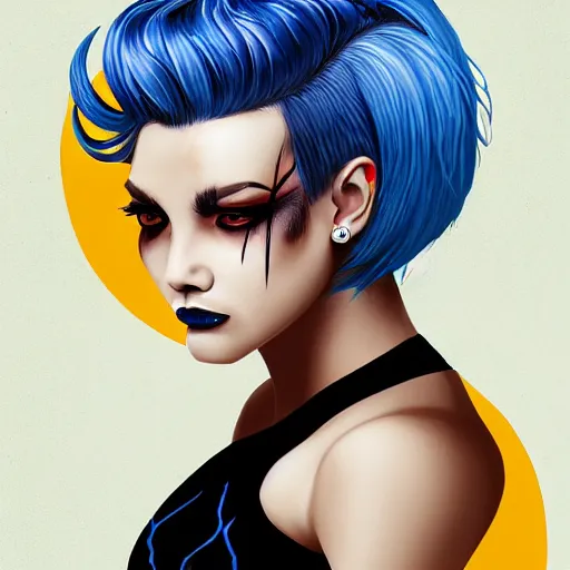 Prompt: illustrated portrait of ram-horned devil woman with blue bob hairstyle and #FFA500 colored skin and with solid black eyes wearing leather by rossdraws