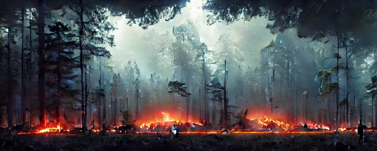 Prompt: a giant megastructure spaceship wrecked and lost in the forest, a small fire in the distance, powerful laser light and large sound system on the left side close to the camera, detailed digital art by greg rutkowski.