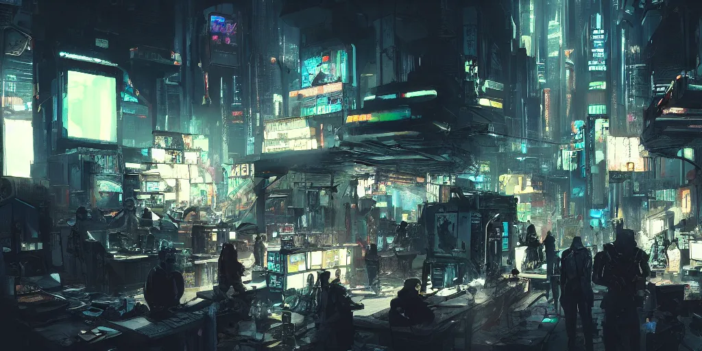 Prompt: busy sci - fi flea market, artstation contest winner. cyberpunk, dark and moody. 7 0 fov