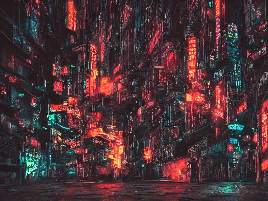 Prompt: a nightscene with a dark alley in new york city with graffiti on the walls at the end an illuminated door, cyberpunk city, futuristic, neon, intricate details