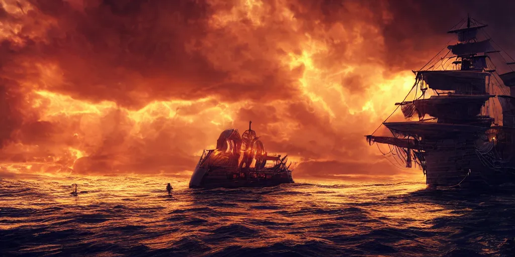 Image similar to portrait of a ship on the sea, close over the shoulder on the ship is a medieval woman ship pilot from behind , dramatic golden neon sunset with wall of storm clouds, wearing shiny breastplate, octane render, dynamic lighting, hyperrealistic, artstation