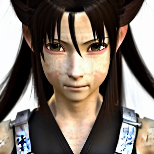 Prompt: promotional beautiful realistic portrait of a combination of Tifa Lockhart's and Aerith Gainsborough's and Yuffie Kisaragi's appearances as Ninja Martial Arts Priestess in the new movie directed by Tetsuya Nomura, heavily armored and brandishing sci-fi blaster, perfect face, movie still frame, promotional image, imax 70 mm footage