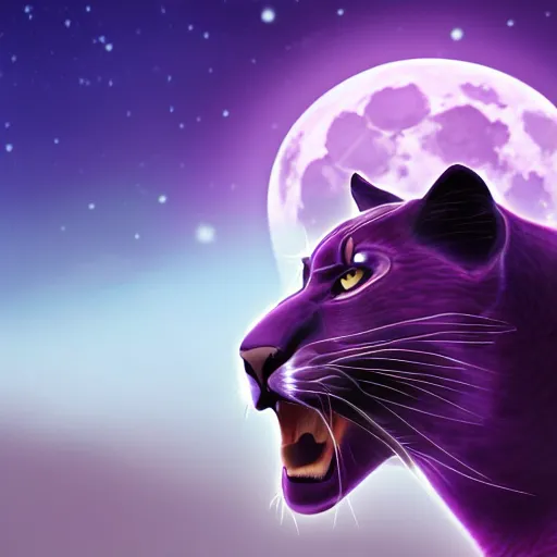 Image similar to digital painting of a large purple colored panther roaring at night. large moon in the center of the background. digital drawing, illustration, 4 k, render, matte, highly detailed, artstation, realistic, dramatic, darkness, moon.