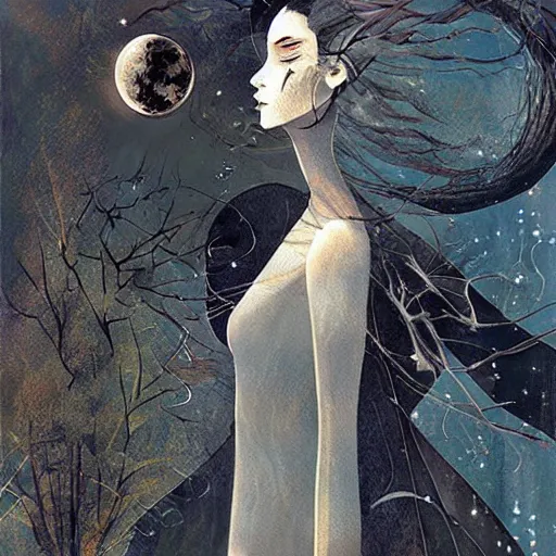 Image similar to looking at the full moon, transparent soul leaving the body, art by loish, dave mckean