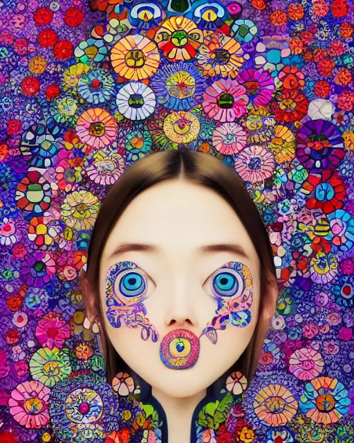 Prompt: a beautiful girl surrounded by bright intricate patterns, by takashi murakami, intricate painting, hyper realistic, extremely detailed and beautiful aesthetic face, 8 k resolution