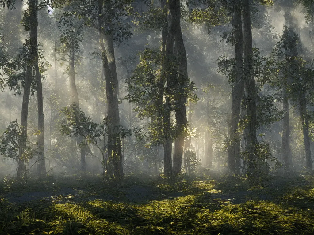 Prompt: A beautiful hyper realistic detailed photo of the forest with high trees and bushes of blueberry, dynamic lighting, cinematic lighting, lit by morning light, unreal engine, high detailed, featured on artstation