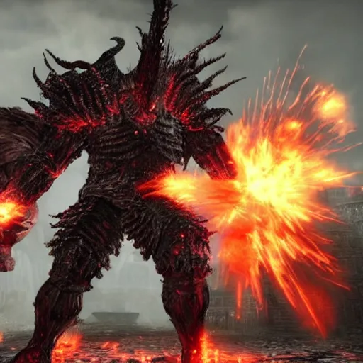 Prompt: screenshot of a unique boss from darksouls 3. It is wearing colored armour and has a very muscular physique