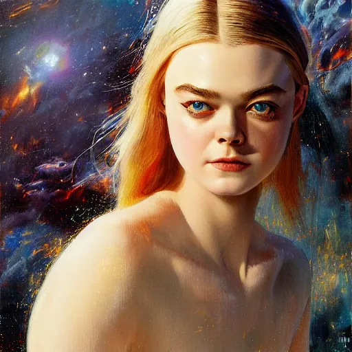 Prompt: ultra realistic medium shot masterpiece portrait painting of elle fanning in the painted world of prey and bruce pennington, apocalypse, cosmic horror, artstation, art by frank frazetta, 4 k, ultra realistic, highly detailed, epic lighting