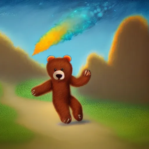 Prompt: fuzzy bear running to catch a rocket ship that already launched, digital painting, fine detail, matte finish