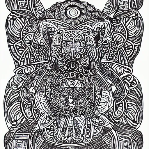 Image similar to detailed, black and white, a bear surrounded by lotus flowers and geometry