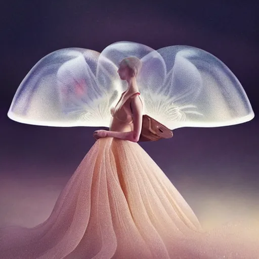 Prompt: a luminous jelly fish armor. soft. fragile. by ray caesar. by louise dahl - wolfe. by andrea kowch. by anna claren. surreal photography