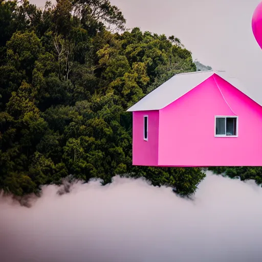 Image similar to a 5 0 mm lens photograph of a cute pink floating modern house, floating in the air between clouds, inspired by the movie up, held up from above by a heart - shaped ballon. mist, playful composition canon, nikon, award winning, photo of the year