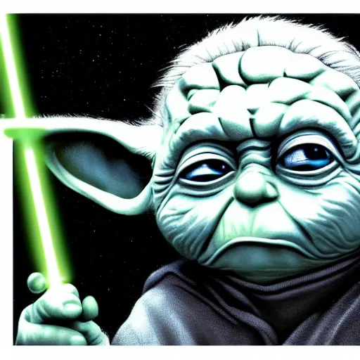 Image similar to inspired by ralph mcquarrie, yoda with a lightsaber, cinematic