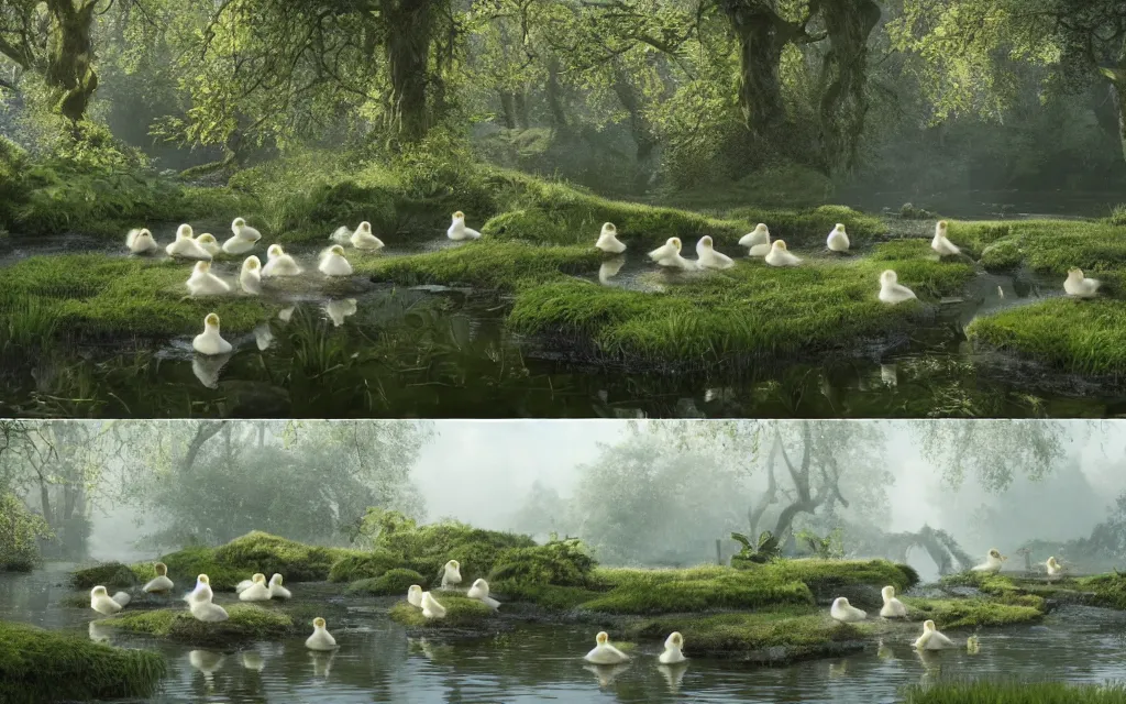 Prompt: on the right a group of white ducklings, on the left a small black duckling, in a pond surrounded by nature, moss, trees, rays of light, reflections, highly detailed, cinematic lighting, perfect composition, 4 k, gustave dore, derek zabrocki, greg rutkowski, belsinski, octane render