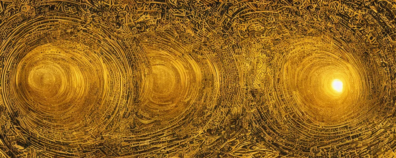 Image similar to vivid illustration of a person choosing between tunnels inside a highly intricate torus with detailed golden ornamentation and golden light, choosing between pathways