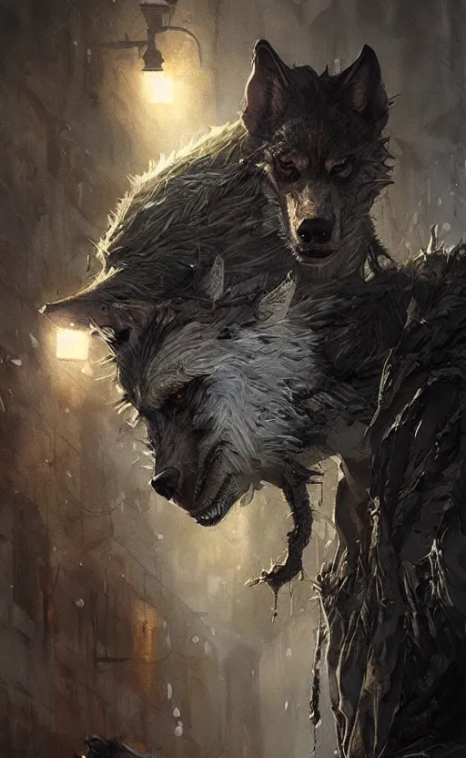 Image similar to hyperrealistic, Portrait of a werewolf, torn clothing, fantasy, urban, highly detailed, cinematic lighting, digital art painting by greg rutkowski