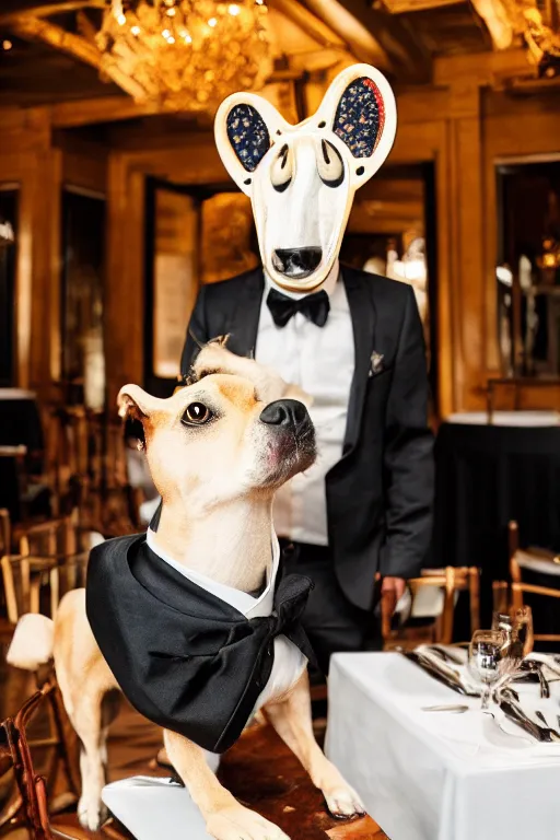 Image similar to a dog - headed waiter at the reception of a fancy restaurant