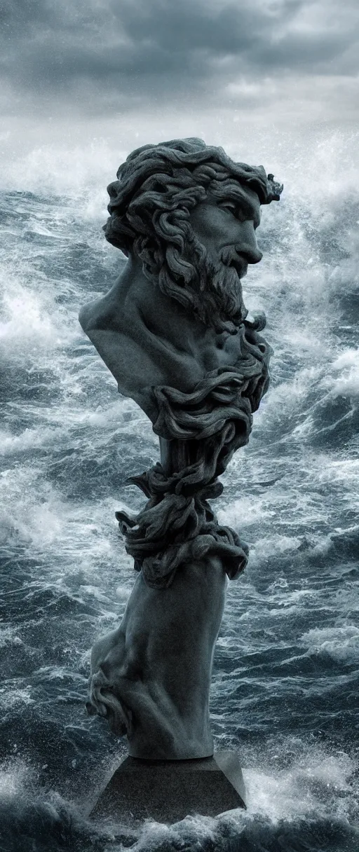 Prompt: stone bust of poseidon in the ocean, heavy waves, dark clouds, vivid, atmospheric, rainy, realistic, ultra detail, somber, hd, octane render, featured on artstation