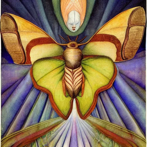 Image similar to moths attending their queen, by Annie Swynnerton and Diego Rivera and Evelyn De Morgan, symbolist, dramatic lighting, elaborate geometric ornament, Art Brut, god rays, soft cool colors,smooth, sharp focus, extremely detailed, Adolf Wölfli