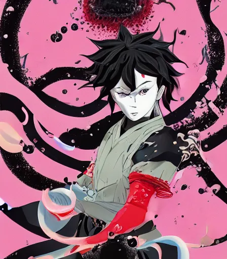 Image similar to Kimetsu no Yaiba by Alex Pardee and Nekro and Petros Afshar, and James McDermott,unstirred paint, vivid color, cgsociety 4K